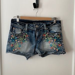 Embellished denim embroidered and rhinestone short